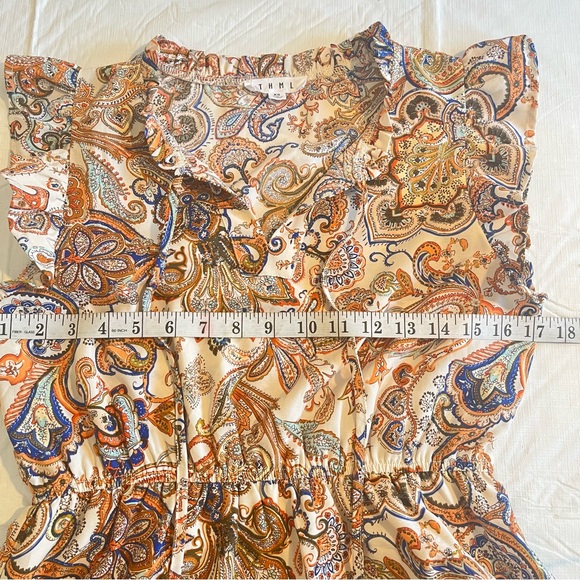 THML Boho Paisley Print Tassal Tie Mini Dress Ruffled Neck Flutter Sleeves - Picture 11 of 16